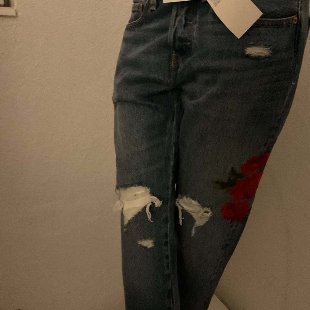 New Levi's Blue Boyfriend Jeans with Red Floral Accent